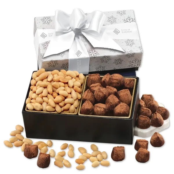 cocoa dusted truffles & Virginia peanuts in a black & white... from ASI 68680 Maple Ridge Farms Inc