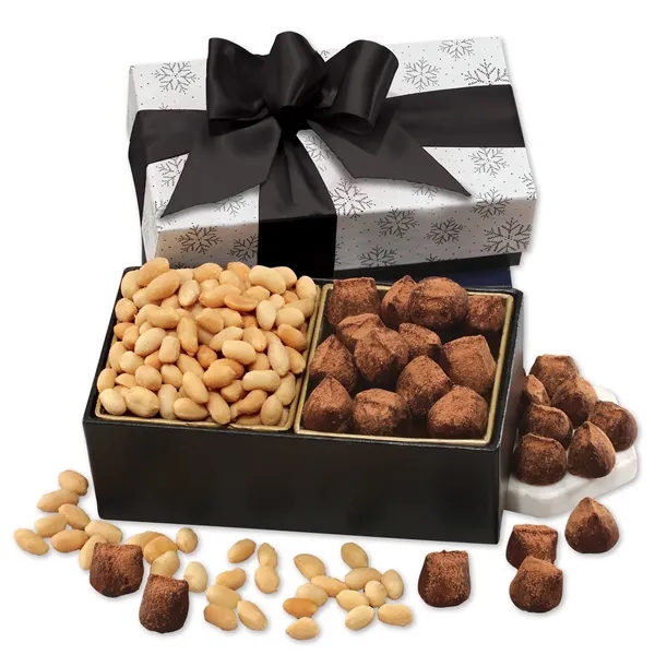 cocoa dusted truffles & Virginia peanuts in a black & white... from ASI 68680 Maple Ridge Farms Inc