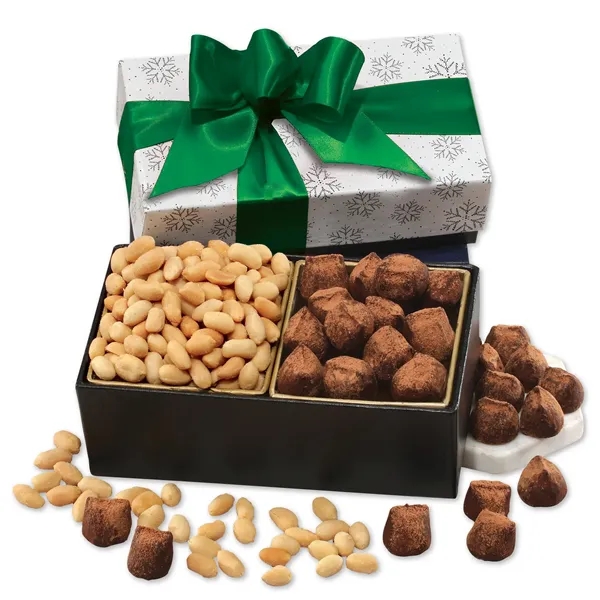cocoa dusted truffles & Virginia peanuts in a black & white... from ASI 68680 Maple Ridge Farms Inc