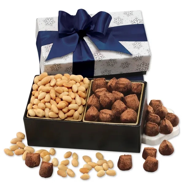 cocoa dusted truffles & Virginia peanuts in a black & white... from ASI 68680 Maple Ridge Farms Inc