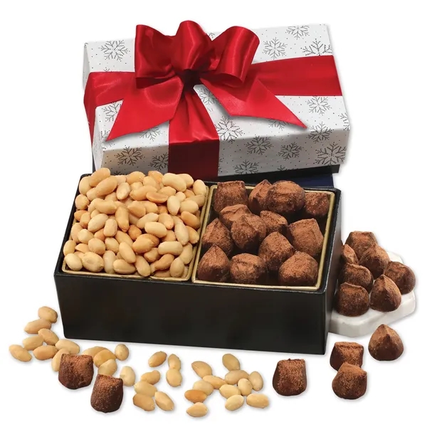 cocoa dusted truffles & Virginia peanuts in a black & white... from ASI 68680 Maple Ridge Farms Inc