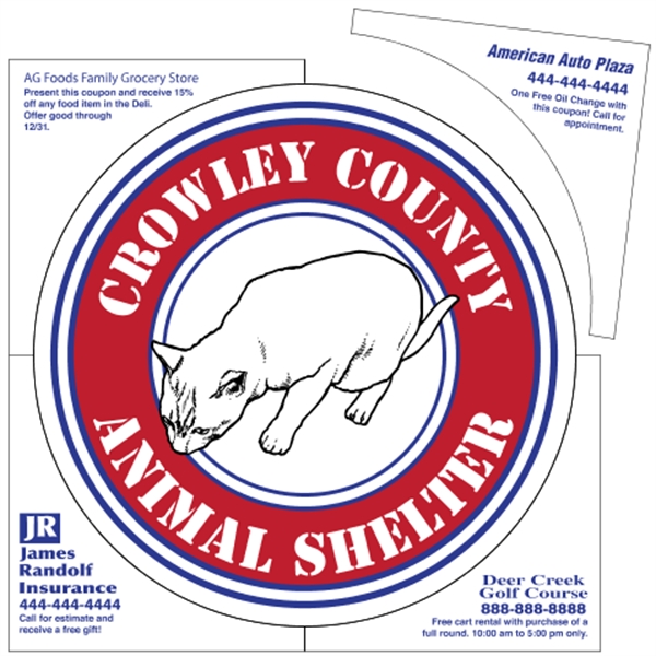 5.5" circle shaped magnet in a 6" square with coupons and... from ASI 89910 Stouse, LLC