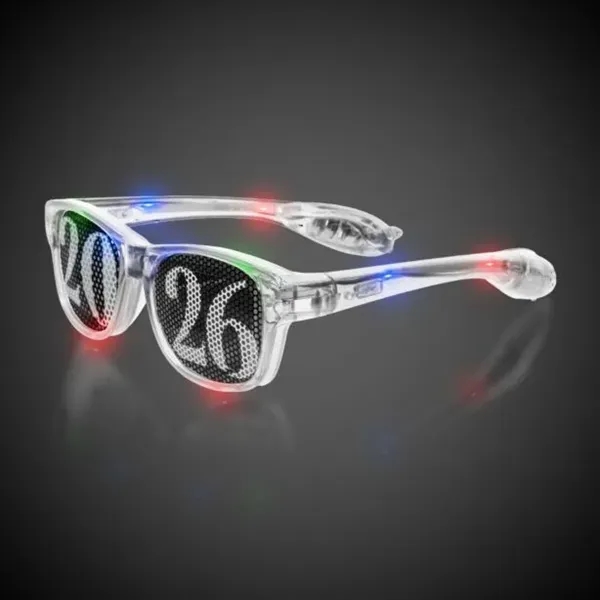Vinyl retro-styled sunglasses with 2026 themed see-through pinhole imprint.... from ASI 42016 Brighter Promotions Inc