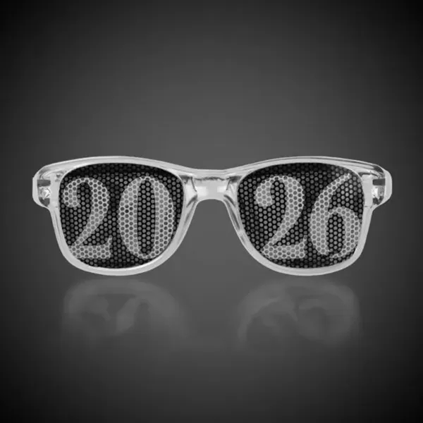 Vinyl retro-styled sunglasses with 2026 themed see-through pinhole imprint.... from ASI 42016 Brighter Promotions Inc