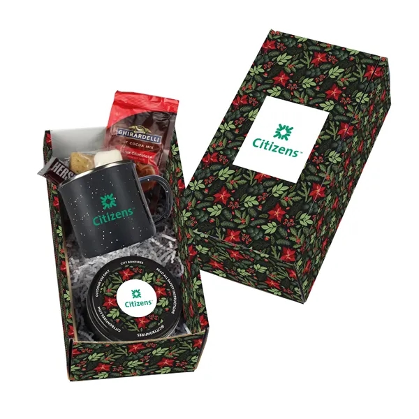 Gift set with portable campfire, a 16oz speckled camping mug, Ghirardelli®... from ASI 71685 Midnite Snax® / Promo Revolution