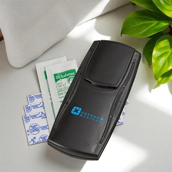 First aid kit with latex-free bandages and hand sanitizer.... from ASI 52840 Evans Manufacturing