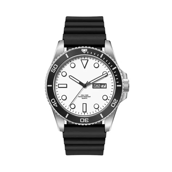 42.5MM, SS, SILVER CASE, BK BEZEL, 3-HAND MVT, DAY-DTE... from ASI 67866 Logomark/Valumark