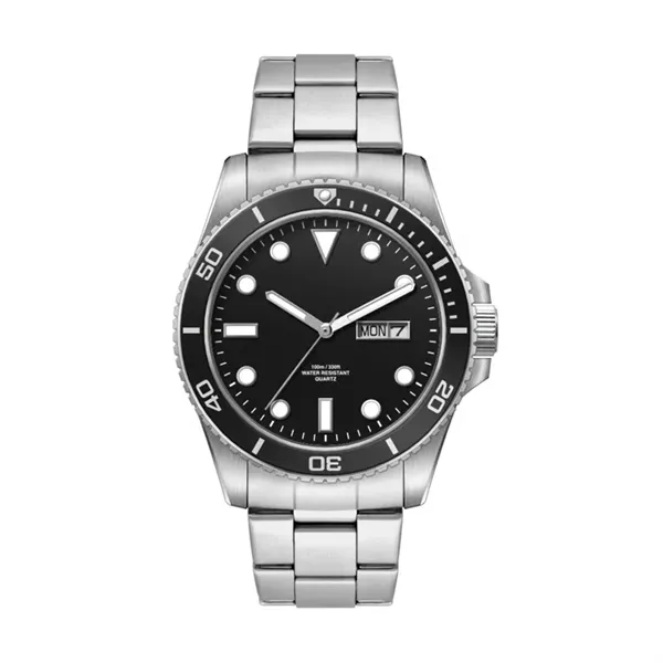42.5MM, SS, SILVER CASE, BK BEZEL, 3-HAND MVT, DAY-DTE... from ASI 67866 Logomark/Valumark
