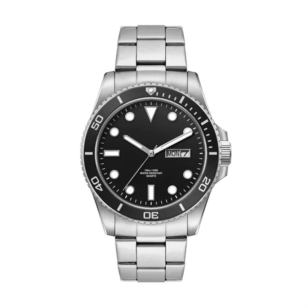 42.5MM, SS, SILVER CASE, BK BEZEL, 3-HAND MVT, DAY-DTE... from ASI 67866 Logomark/Valumark