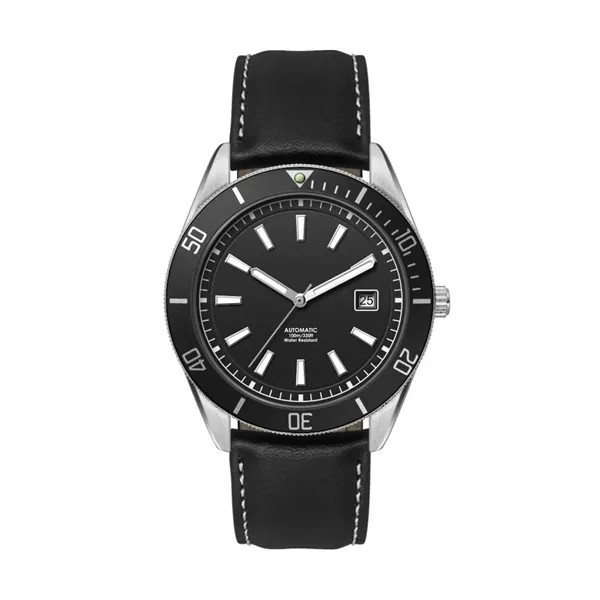 42MM, SS, SILVER CASE, BK BEZEL, "AUTOMATIC" MVT, DTE... from ASI 67866 Logomark/Valumark