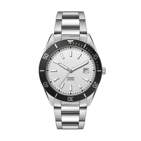42MM, SS, SILVER CASE, BK BEZEL, "AUTOMATIC" MVT, DTE... from ASI 67866 Logomark/Valumark