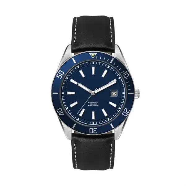 42MM, SS, SILVER CASE, BL BEZEL, "AUTOMATIC" MVT, DTE... from ASI 67866 Logomark/Valumark