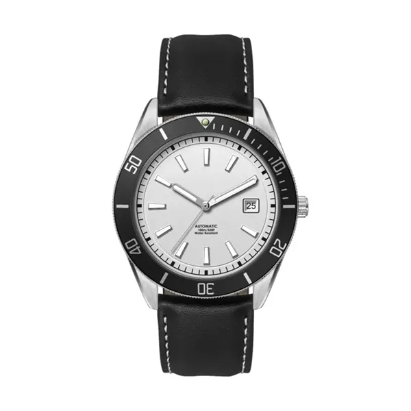 42MM, SS, SILVER CASE, BK BEZEL, "AUTOMATIC" MVT, DTE... from ASI 67866 Logomark/Valumark