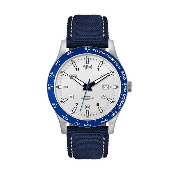 43.5MM,SS, SILVER CASE, BL BEZEL, 3-HAND MVT, DTE... from ASI 67866 Logomark/Valumark