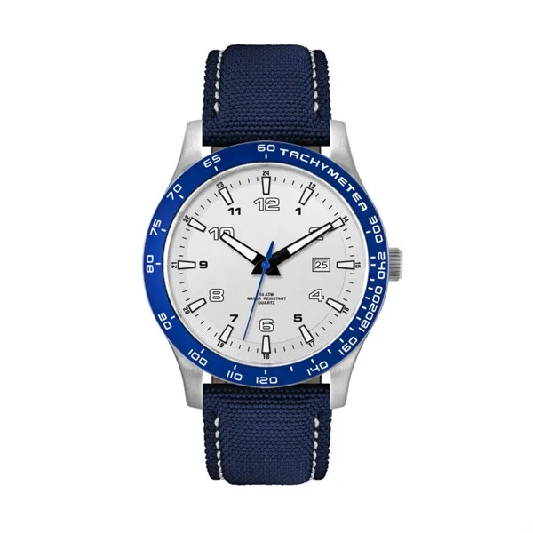 43.5MM,SS, SILVER CASE, BL BEZEL, 3-HAND MVT, DTE... from ASI 67866 Logomark/Valumark