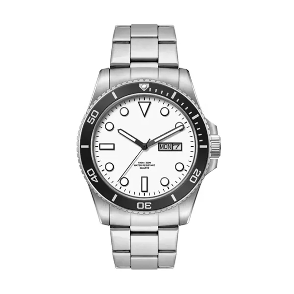 42.5MM, SS, SILVER CASE, BK BEZEL, 3-HAND MVT, DAY-DTE... from ASI 67866 Logomark/Valumark
