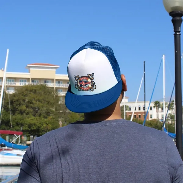 This Flat Bill Trucker Cap has a 100% Polyester Foam Crown,... from ASI 61125 Hit Promotional Products / Hit®