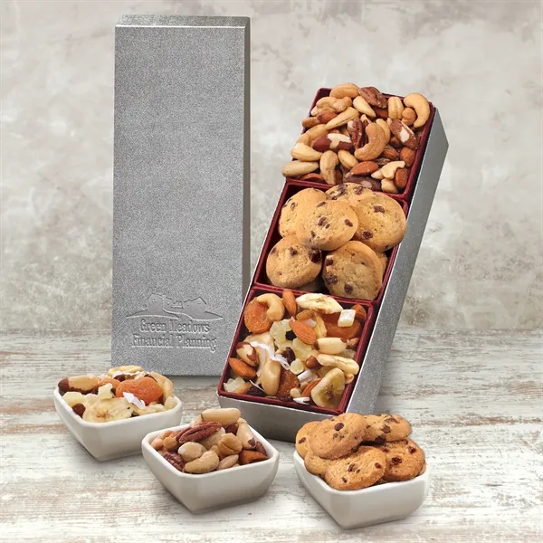 Silver gift box with gourmet snack mixes and chocolate chip cookies.... from ASI 68680 Maple Ridge Farms Inc