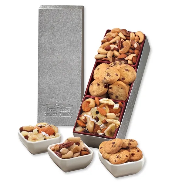 Silver gift box with gourmet snack mixes and chocolate chip cookies.... from ASI 68680 Maple Ridge Farms Inc