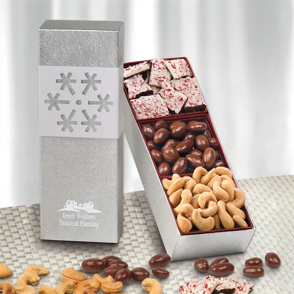 Silver gift box with peppermint bark, chocolate almonds and cashews with... from ASI 68680 Maple Ridge Farms Inc