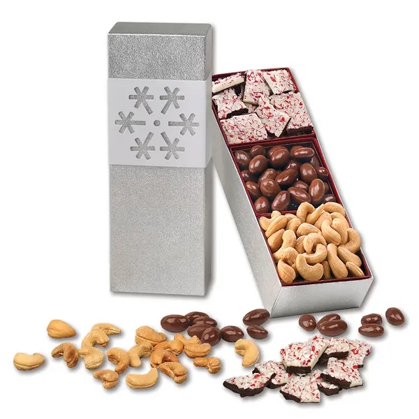 Silver gift box with peppermint bark, chocolate almonds and cashews with... from ASI 68680 Maple Ridge Farms Inc