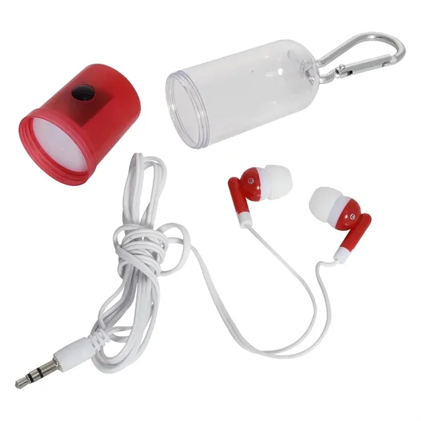 Earbuds in a plastic travel case with a carabiner clip and... from ASI 61125 Hit Promotional Products / Hit®