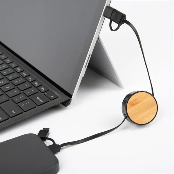 3-In-1 bamboo retractable charging cable for keeping your devices charged and... from ASI 61125 Hit Promotional Products / Hit®