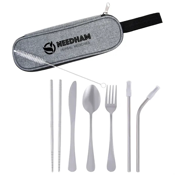 Stainless steel cutlery with chopsticks, fork, knife, spoon, and two straws... from ASI 61125 Hit Promotional Products / Hit®