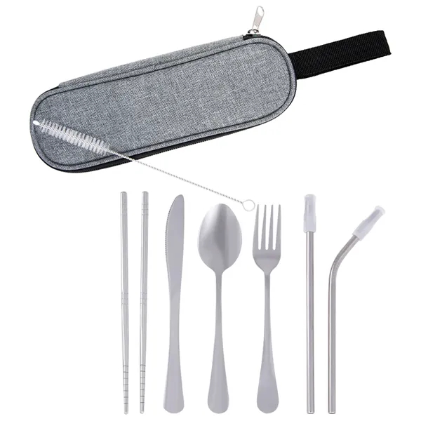 Stainless steel cutlery with chopsticks, fork, knife, spoon, and two straws... from ASI 61125 Hit Promotional Products / Hit®