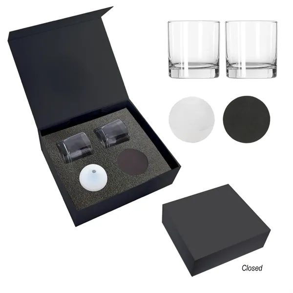 Whiskey kit featuring two glasses, ice cubes, and two bonded leather... from ASI 61125 Hit Promotional Products / Hit®