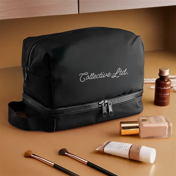 6.5" x 9" recycled polyester cosmetics bag with zipper compartments and... from ASI 61125 Hit Promotional Products / Hit®