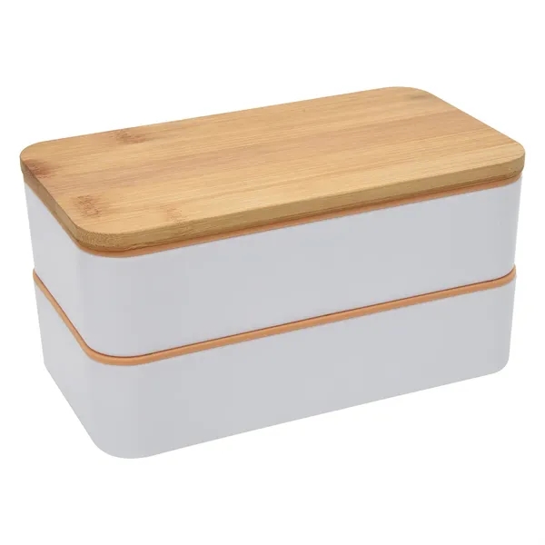 Double-tier stackable bento lunch set with a plastic fork, knife, and... from ASI 61125 Hit Promotional Products / Hit®