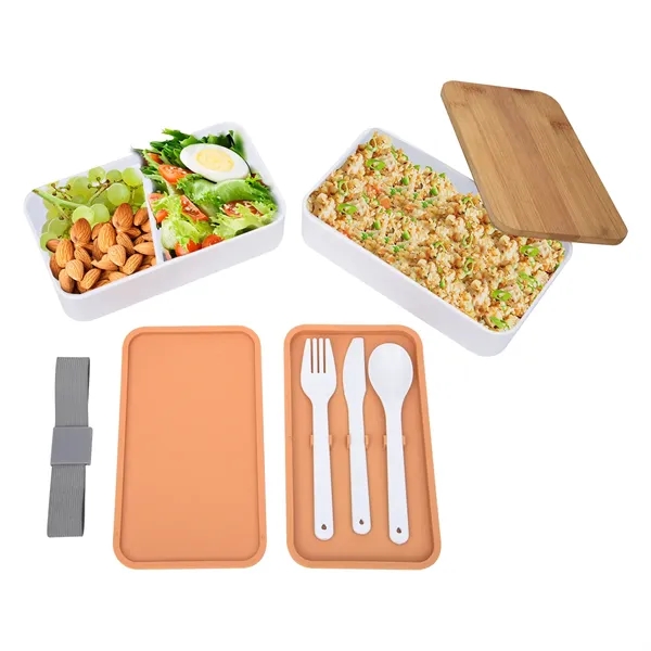 Double-tier stackable bento lunch set with a plastic fork, knife, and... from ASI 61125 Hit Promotional Products / Hit®