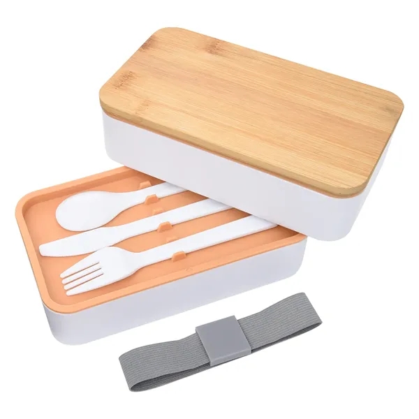 Double-tier stackable bento lunch set with a plastic fork, knife, and... from ASI 61125 Hit Promotional Products / Hit®