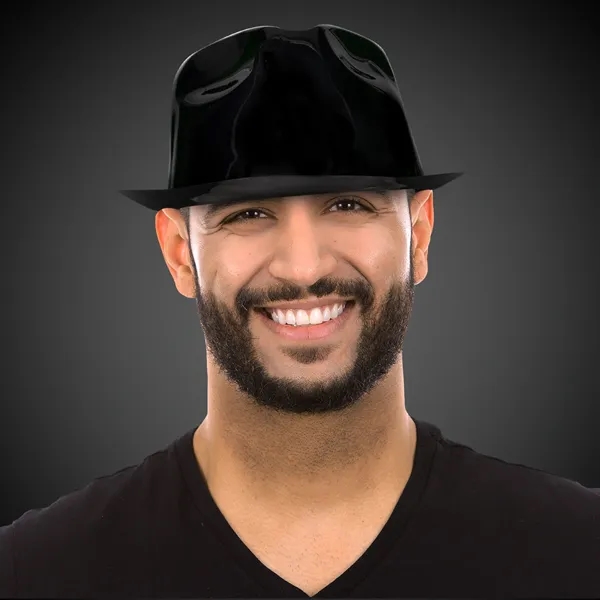 Black plastic gangster-style fedora hat.... from ASI 42016 Brighter Promotions Inc / Chemical Light™