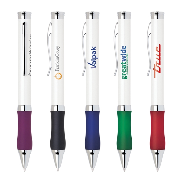 Metal twist-action ballpoint pen with a pearl white body, chrome clip... from ASI 68190 Lungsal