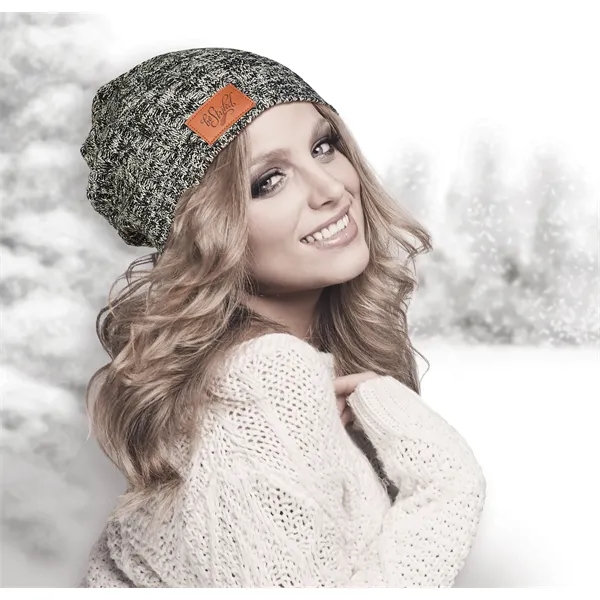 Heathered acrylic blend knit beanie with polyurethane faux leather patch... from ASI 79530 Prime Line