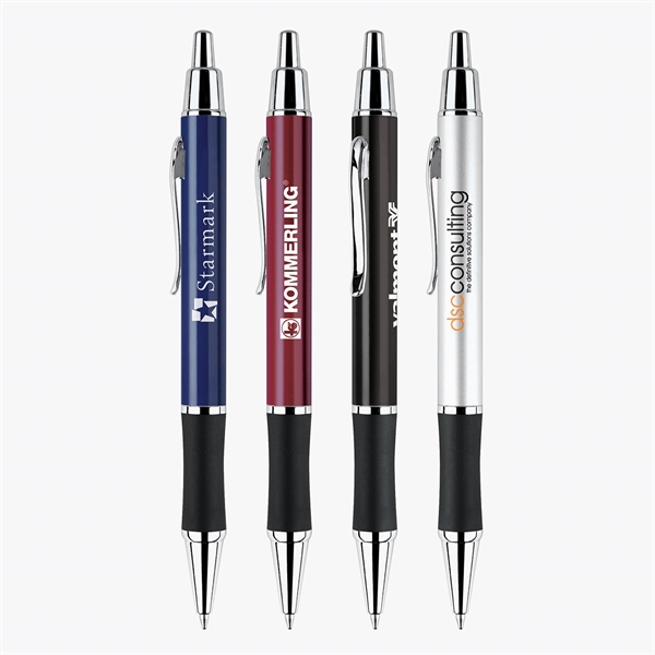 Aluminum click-action ballpoint pen with a black rubber grip, silver clip,... from ASI 68190 Lungsal / Lungsal