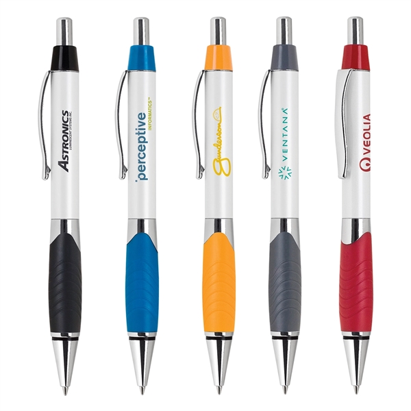 Aluminum click-action pen with a pearl white barrel, colored rubber grip,... from ASI 68190 Lungsal / Lungsal