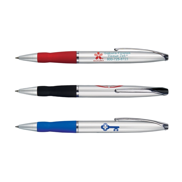 Metal click-action ballpoint pen with a colored rubberized grip, satin chrome-coated... from ASI 68190 Lungsal / Lungsal