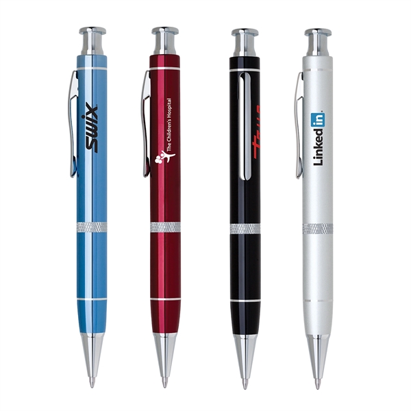 Aluminum click-action ballpoint pen with a diamond cut middle ring and... from ASI 68190 Lungsal / Lungsal