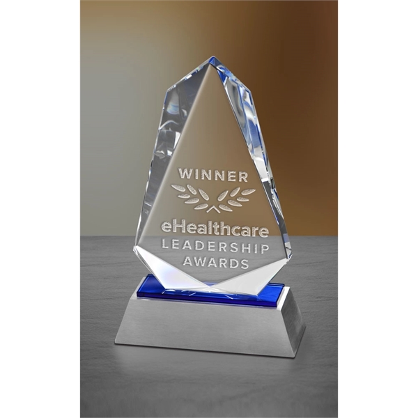 9.75" x 6" optical crystal award with an elevated blue glass... from ASI 71920 Moderne Glass Company Inc