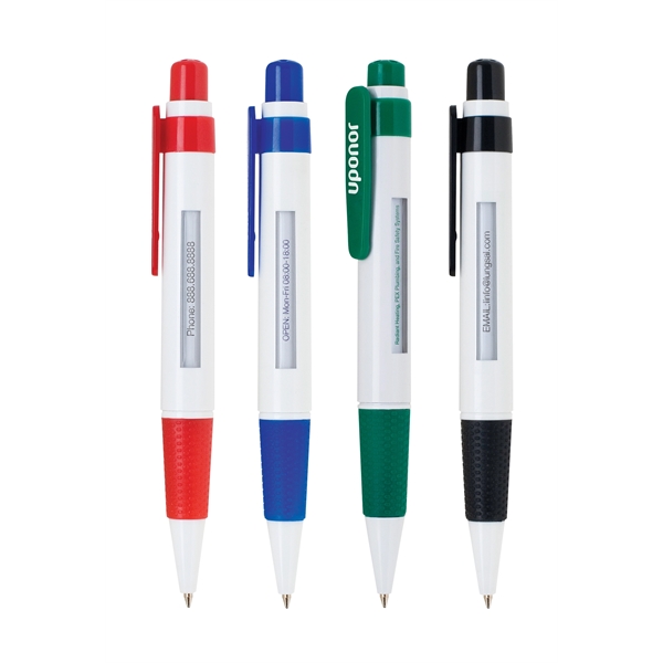 Plastic click-action pen with a dotted rubber grip and white body... from ASI 68190 Lungsal / Lungsal