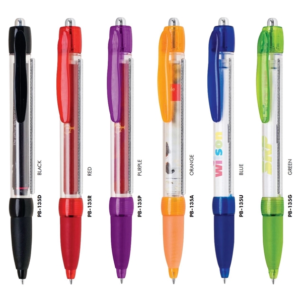 Plastic click-action ballpoint pen with a pull-out banner on the side... from ASI 68190 Lungsal / Lungsal