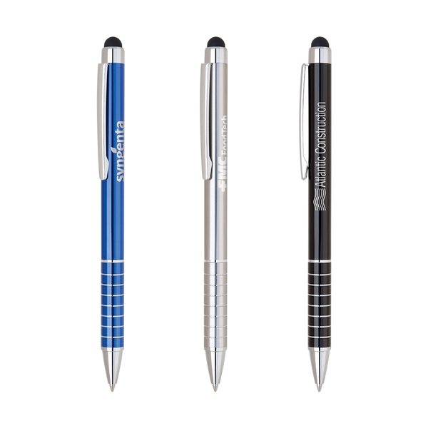 Slim anodized aluminum twist-action ballpoint pen with chrome stripped grip, shining... from ASI 68190 Lungsal / Lungsal