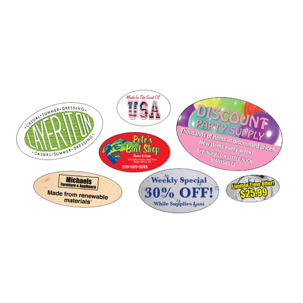 Oval shaped labels on roll with 4CP printing.... from ASI 89910 Stouse, LLC