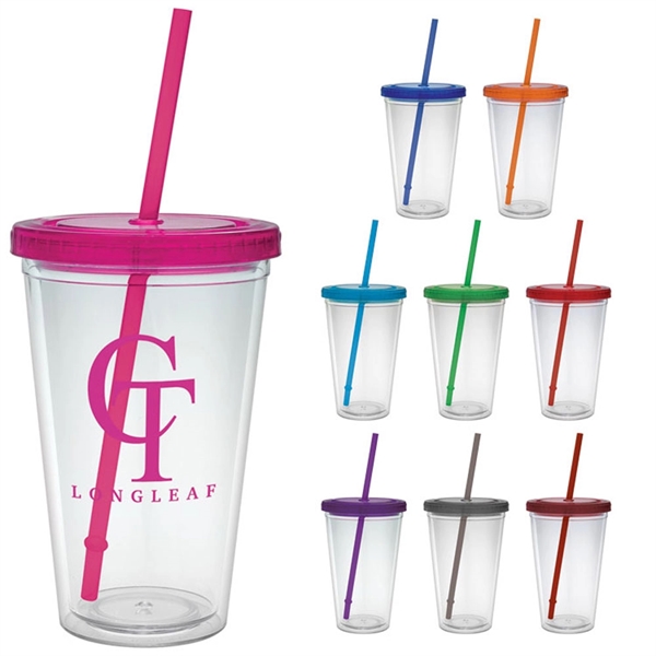 16 oz. clear tumbler with double-wall construction, lid and colored straw.... from ASI 71920 Moderne Glass Company Inc / Glass America®