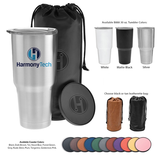 Gift set with 30-ounce insulated stainless steel tumbler and drink coaster... from ASI 71920 Moderne Glass Company Inc / MB Works Premium Line