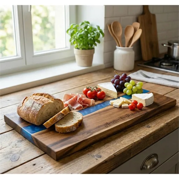 Acacia serving board with blue or white pearl resin and laser-engraved... from ASI 72657 Active Life Promo / Apres Ski Ingrain Promo