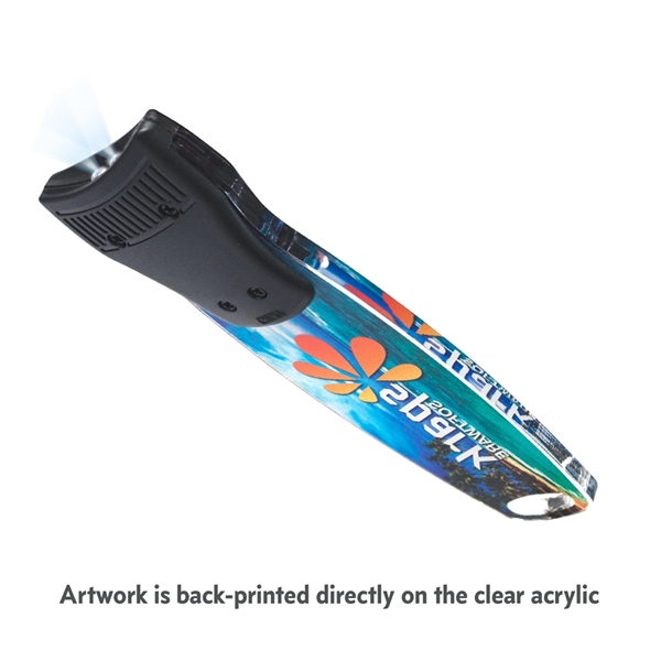 Flat flashlight with an eye-catching, see-through acrylic body.... from ASI 39850 The Bentcil Company